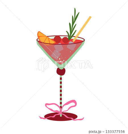 Cocktail drink vector illustration. Festive red alcoholic drink in martini glass with garnishes, ice cubes, citrus, straw isolated on white background. Party beverage for Christmas, wedding, Birthday Cocktail drink vector illustration. Festive red alcoholic drink in martini glass with garnishes, ice cubes, citrus, straw isolated on white background. Party beverage for Christmas, wedding, Birthday 133377556