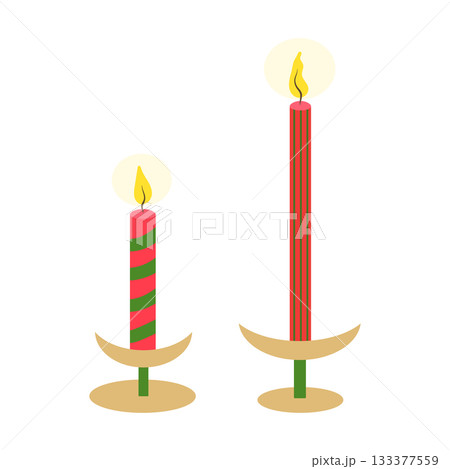Taper candles vector illustration set. Long striped burning red and green candles in candlesticks isolated on white background. Modern seasonal cozy home decor for New year, Christmas celebration 133377559