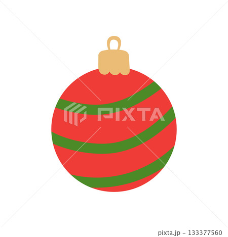 Christmas ornament vector illustration. Bright striped bauble for xmas tree. Red round decor with green stripes isolated on white background. Colorful simple holiday element for merry winter decor 133377560