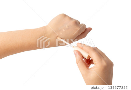 Foundation cream smear isolated. Cosmetic concealer textured swatch, skin tone cream Foundation cream smear isolated. Cosmetic concealer textured swatch, skin tone cream 133377835