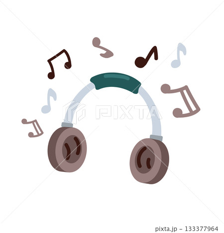 Illustration of headphones surrounded by musical notes in flat style 133377964