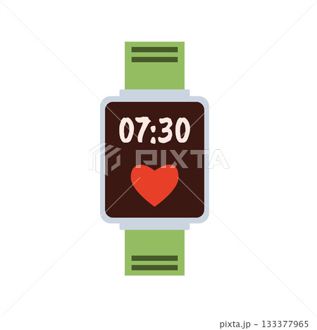 Digital watch illustration. Isolated smartwatch. Modern wristwatch with a green strap in a flat style. Digital watch illustration. Isolated smartwatch. Modern wristwatch with a green strap in a flat style. 133377965