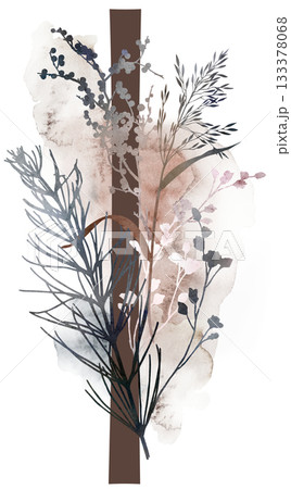 Capital letter I with watercolor autumn leaves and grass in earth tones, winter wedding illustration 133378068