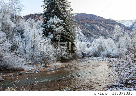 View of winter river in the Swiss Alps, Switzerland. Snowy mountain river landscape 133378330