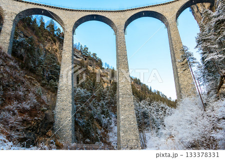 View of Landwasser Viaduct, Rhaetian railway, Graubunden in Switzerland at winter 133378331