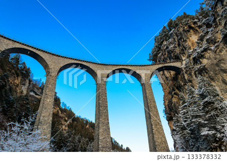 View of Landwasser Viaduct, Rhaetian railway, Graubunden in Switzerland at winter 133378332