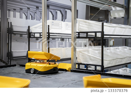 Automatic warehouse robot car carries cardboard box assembly in factory. Automatic warehouse robot car carries cardboard box assembly in factory. 133378376