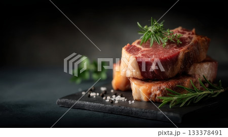 Premium boneless ribeye steaks with heavy marbling, thick cut, displayed in neat stack on black slate board Premium boneless ribeye steaks with heavy marbling, thick cut, displayed in neat stack on black slate board 133378491