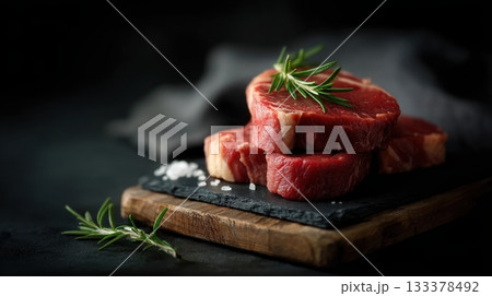 Premium boneless ribeye steaks with heavy marbling, thick cut, displayed in neat stack on black slate board 133378492
