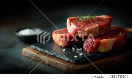 Premium boneless ribeye steaks with heavy marbling, thick cut, displayed in neat stack on black slate board 133378503