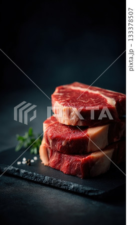 Premium boneless ribeye steaks with heavy marbling, thick cut, displayed in neat stack on black slate board 133378507