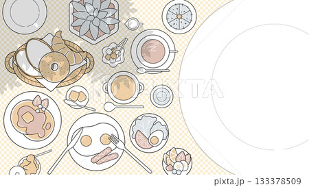 大人ミニマルの朝食カフェ俯瞰レイアウト|木漏れ日&チェック柄背景付きバナー素材 大人ミニマルの朝食カフェ俯瞰レイアウト|木漏れ日&チェック柄背景付きバナー素材 133378509