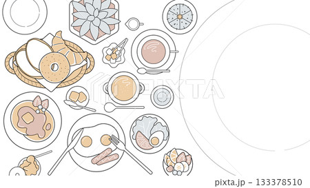 大人ミニマルの朝食カフェ俯瞰レイアウト|シンプル背景のベクターバナー素材 大人ミニマルの朝食カフェ俯瞰レイアウト|シンプル背景のベクターバナー素材 133378510