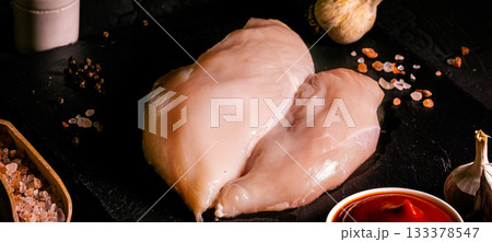 Raw meat chicken breast with thyme herbs and whole pepper on black backdrop Raw meat chicken breast with thyme herbs and whole pepper on black backdrop 133378547