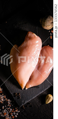 Raw meat chicken breast with thyme herbs and whole pepper on black backdrop Raw meat chicken breast with thyme herbs and whole pepper on black backdrop 133378562