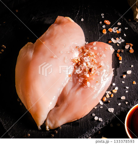Raw organic chicken breast on a dark slate, stone, concrete or metal background.Top view with copy space. Raw organic chicken breast on a dark slate, stone, concrete or metal background.Top view with copy space. 133378593