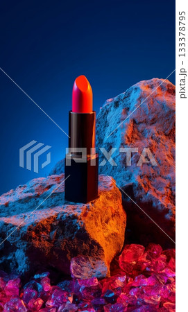 Bright lipstick placed on colorful rocks with vibrant lighting in a studio setting Bright lipstick placed on colorful rocks with vibrant lighting in a studio setting 133378795