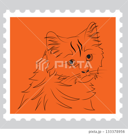 A postage stamp depicting a sad cat's head in a linear style. Vector illustration isolated on a white background. 133378956