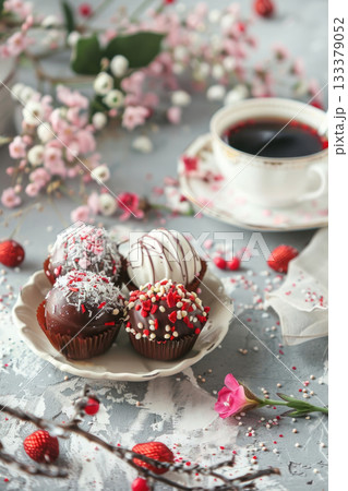 A plate of decorated chocolate truffles sits on a table with a cup of coffee. Surrounding flowers and scattered petals add a touch of elegance 133379052