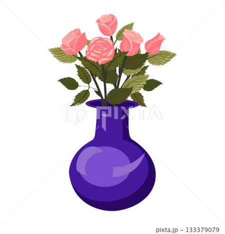 A bouquet of light pink roses in a blue vase. A set of four lush blooms and a bud. Vector illustration on a white background. 133379079