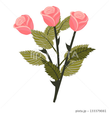 A bouquet of light pink roses with three slightly open flowers. A huge, lush bouquet of flowers and buds. Vector illustration on a white background. 133379081