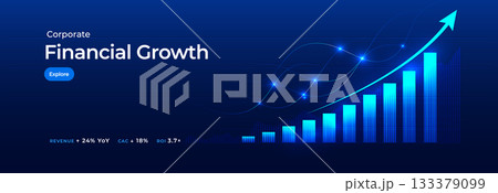 Financial analytics business growth chart digital background, blue rising bars, increase arrow and candlesticks concept for fintech, market trends, predictive investment insights. Vector illustration. 133379099