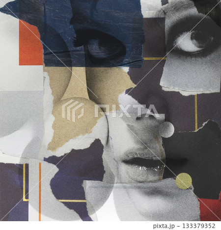 Beautiful woman portrait on abstract various colorful torn paper background 133379352