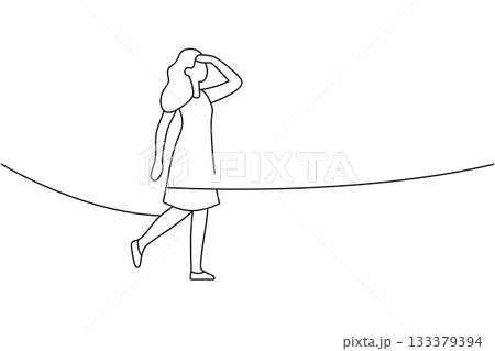 Minimalist contour of a walking woman shading her eyes, looking forward. Simple outline style for exploration and future vision concepts 133379394