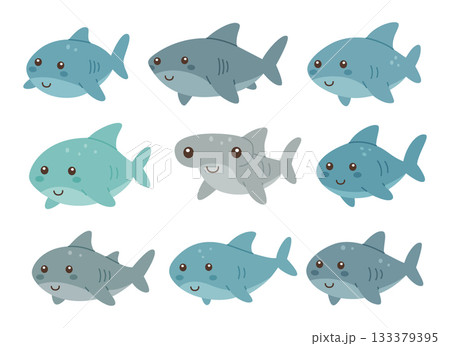Cartoon shark collection. Adorable marine predators in blue and grey tones for ocean-themed designs 133379395