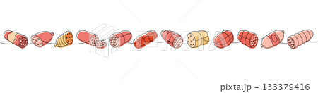 Beef sausages set. Butchery menu one line colored continuous drawing. Vector illustration 133379416