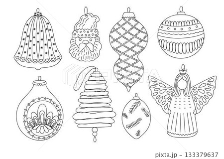 Christmas tree baubles set in different forms festive decor doodle outline hand drawn simple vector illustration for winter holidays seasonal greeting card, invitation, sticker, line art clipart Christmas tree baubles set in different forms festive decor doodle outline hand drawn simple vector illustration for winter holidays seasonal greeting card, invitation, sticker, line art clipart 133379637