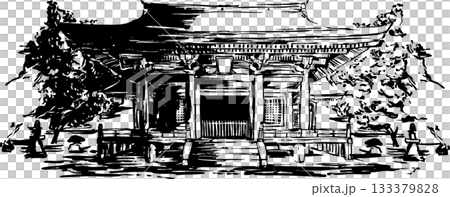 水墨畫風格的神社與樹木插圖 水墨畫風格的神社與樹木插圖 133379828