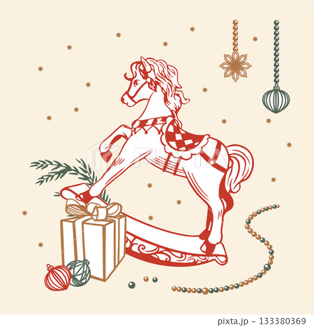 Rocking horse, gift, beads and fir branches. Hand drawn pastel line art vector illustration for Christmas and New Years cards. Also suitable for window stickers, banners and posters. Rocking horse, gift, beads and fir branches. Hand drawn pastel line art vector illustration for Christmas and New Years cards. Also suitable for window stickers, banners and posters. 133380369