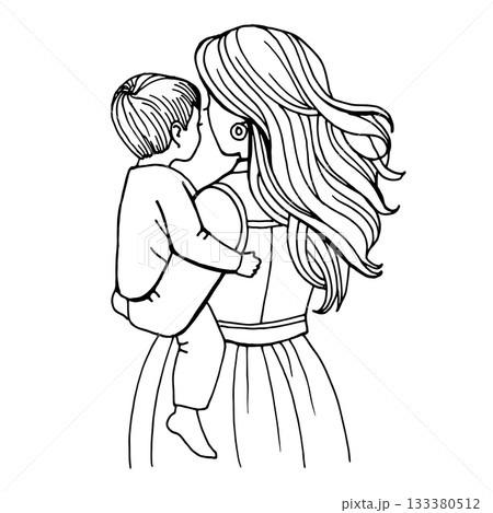 A delicate line art illustration of a mother carrying her young child. The flowing hair and gentle pose highlight warmth, care, and emotional connection, making it ideal for Mother's Day designs and 133380512