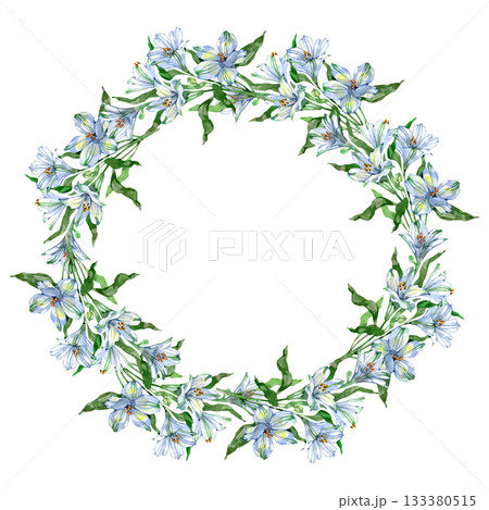 Elegant watercolor wreath made of delicate white and light-blue alstroemeria flowers arranged in a soft circular frame. Lush green leaves add freshness, making the design perfect for wedding 133380515
