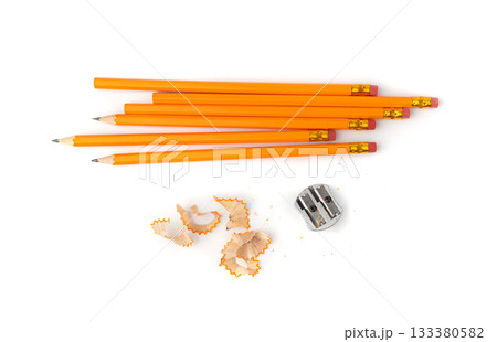 Sharpening pencils isolated. Yellow wooden graphite pencils with erasers, pencil shavings Sharpening pencils isolated. Yellow wooden graphite pencils with erasers, pencil shavings 133380582