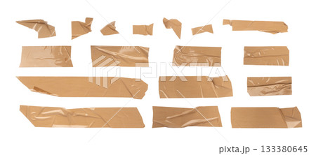 Brown scotch tape set, adhesive tape pieces isolated Brown scotch tape set, adhesive tape pieces isolated 133380645