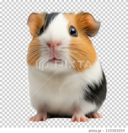 Cute Guinea Pig With Distinctive Fur Pattern Sitting and Looking Curiously at the Camera 133381054