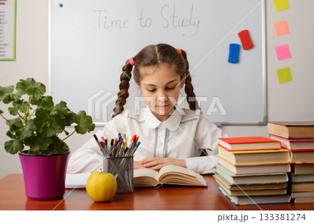 Lovely pupil of secondary school reading a book, studying 133381274