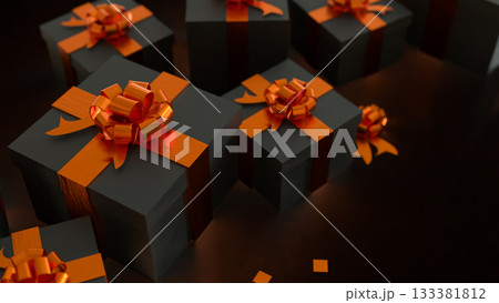 Luxury Black Gift Boxes with Orange Ribbon 3d rendering. 133381812