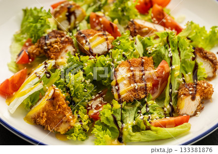 Crispy chicken salad with lettuce, tomatoes, sesame and dressing on plate Crispy chicken salad with lettuce, tomatoes, sesame and dressing on plate 133381876