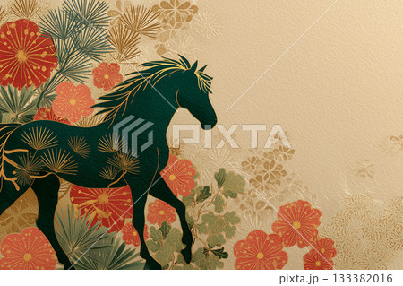 和柄と黒馬の美しい和モダンイラスト｜上品で華やかな年賀状・装飾向けデザイン素材 133382016