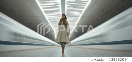 地下鉄駅を歩くスタイリッシュな女性｜都会のスピード感と洗練を表現した現代的イメージ 133382054
