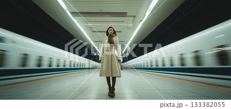 地下鉄駅を歩くスタイリッシュな女性｜都会のスピード感と洗練を表現した現代的イメージ 133382055