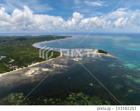 Tropical coastal lagoon with wide shoreline, green vegetation and small island. Siargao, Philippines. 133382201