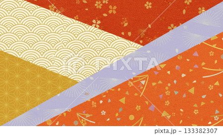 赤と金を基調に和柄を貼り合わせた華やかな和紙風パッチワーク背景 133382307