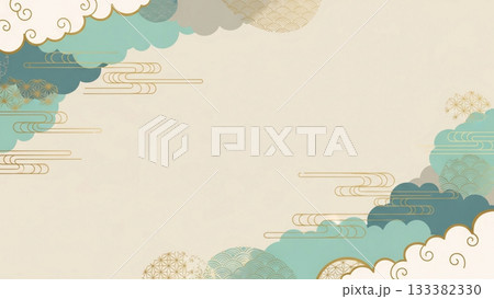 淡いターコイズと金色の雲模様が広がる上品な和風背景イラスト 淡いターコイズと金色の雲模様が広がる上品な和風背景イラスト 133382330
