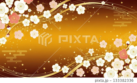 金色と茶色を背景に梅の花を散りばめた華やかな和風フラワーデザイン 133382336