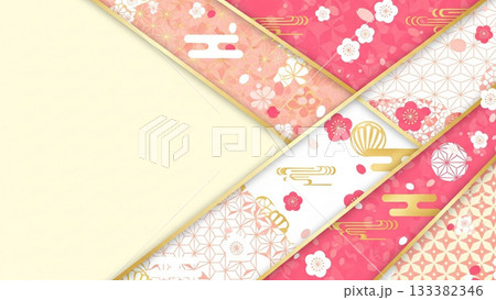 ピンクと金の華やかな和柄パーツを重ねた華麗な和風背景デザイン 133382346