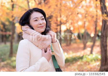 紅葉の公園を散策するミドルの女性 133382545